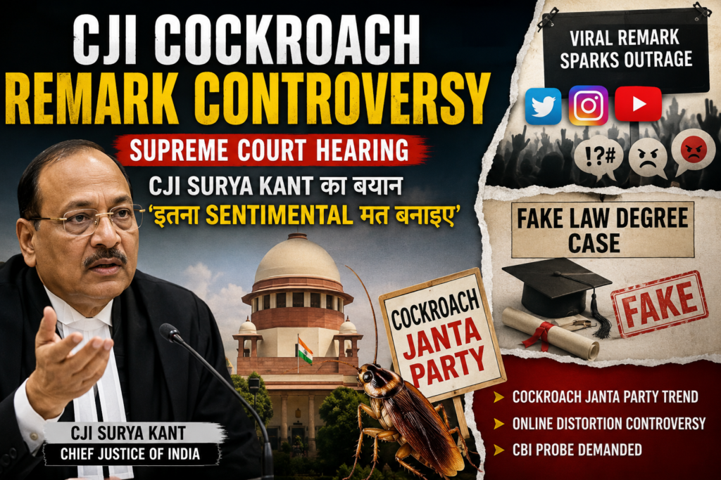 CJI Cockroach Remark controversy thumbnail showing Chief Justice Surya Kant, Supreme Court hearing, Cockroach Janta Party trend and fake law degree case