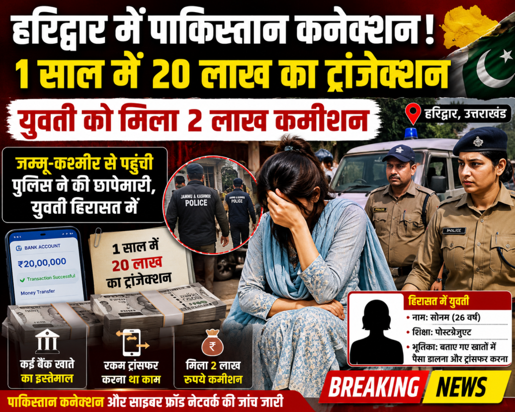 Dramatic Hindi news thumbnail showing a cyber crime investigation in Haridwar involving suspicious bank transactions, Pakistan connection allegations, police officers, a woman covering her face, money bundles, and mobile banking graphics.